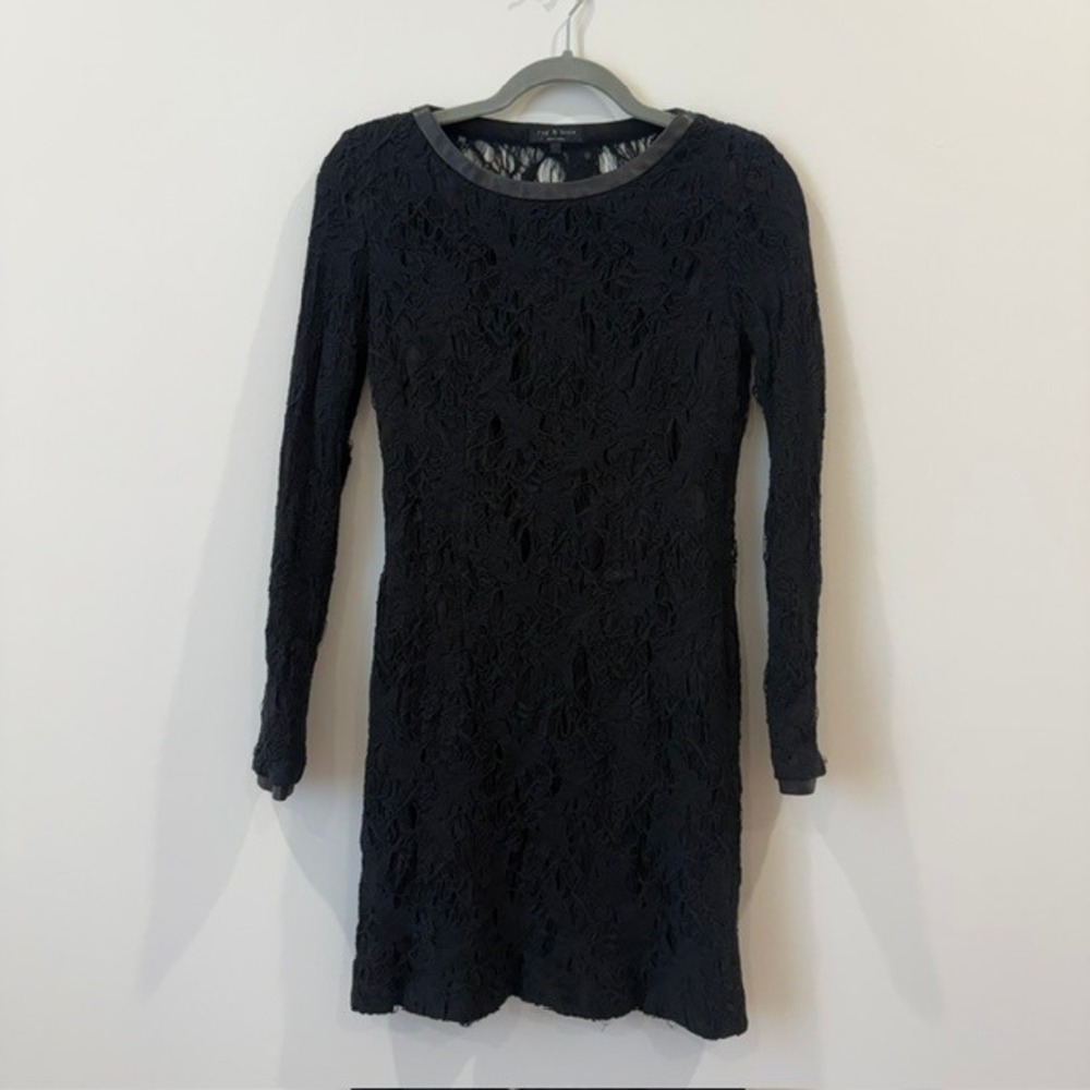 Rag & Bone Sheila Black Distressed Lace Bodycon Mini Dress Leather Trim | Size 2